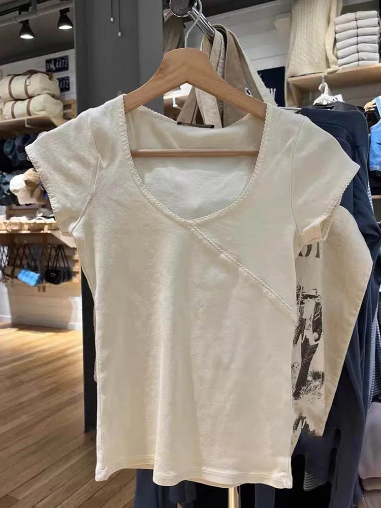 Винтажная тонкая футболка летняя уличная одежда с v-образным вырезом хлопковый