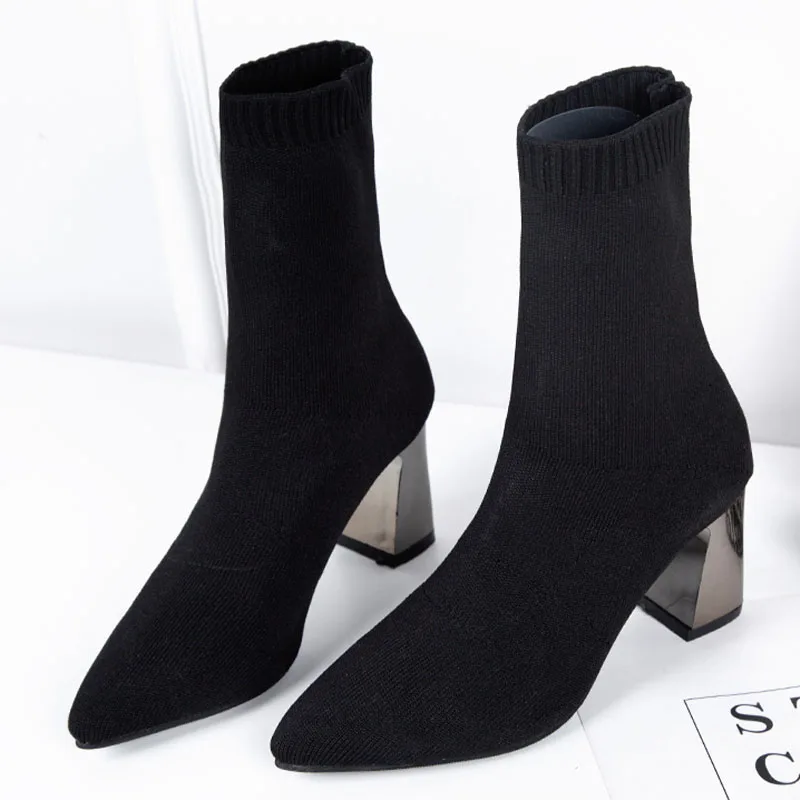 

Women Ankle Sock Boots Winter High Heels Chelsea Boots 2022 New Fashion Thick Knitting Casual Ladies Shoes Pumps Stretch Botas