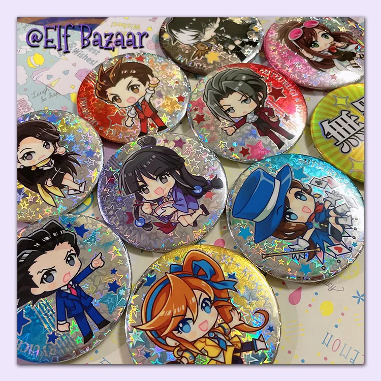 

Game Gyakuten Saiban Cosplay Metal Badge Ace Attorney Phoenix Wrig Mia Fey Maya Fey Miles Edgeworth Button Cartoon Brooch Pin