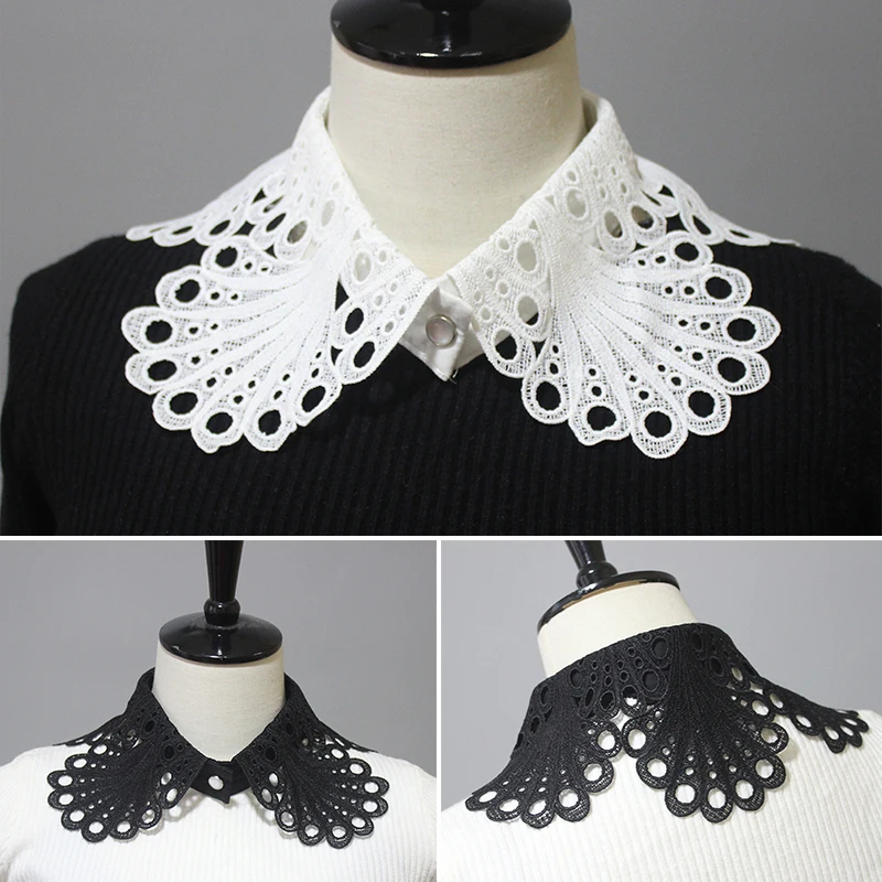 

New Front Button White Lace Fake Collar for Women Detachable Collar hollow Out Girls Lace Shirt Lapel Ladies False Blouse Collar
