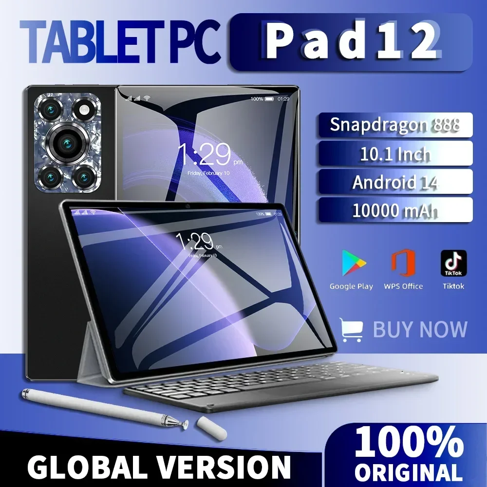 Планшет Pad 12 Android 14 10 1 дюйма 16 ГБ ОЗУ ТБ ПЗУ МП 32 10000 мАч ядер Wi-Fi Bluetooth