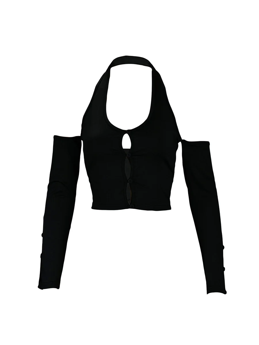 

Women Club Wear T-shirt, Black Solid Color Halter Neck Hollow Out Cropped Tops, S/M/L
