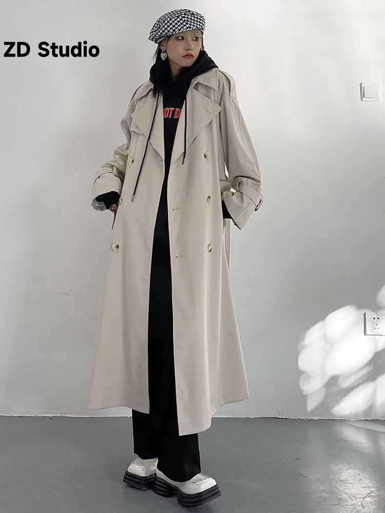 

[ZD Studio] Women Apricot Size Long Belted Trench New Lapel Long Sleeve Loose Fit Windbreaker Fashion Spring Autumn 2023 1DF0212