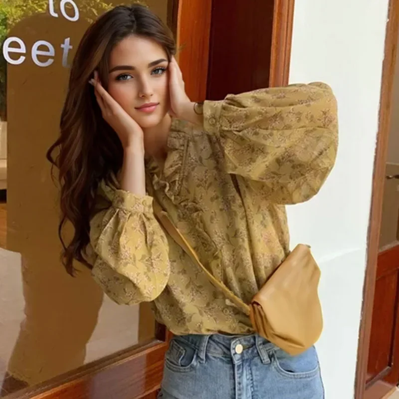 Женская шифоновая блузка с длинным рукавом и V-образным вырезом