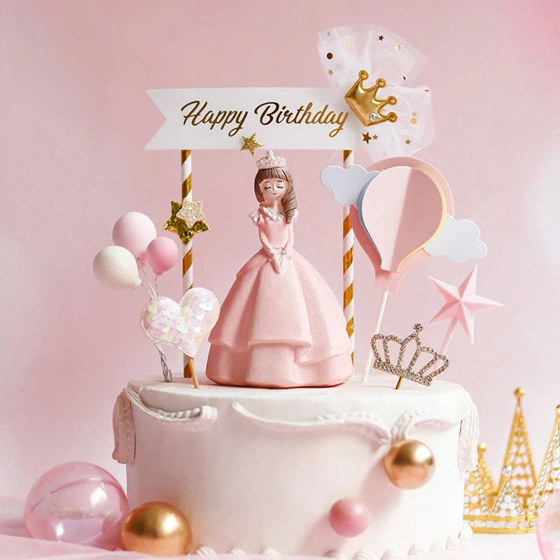 

Cute Girl Crown Colorful Clouds Cake Topper for Party Kids Hot Air Balloon Happy Birthday Cake Decoration Birthday Gifts Decor