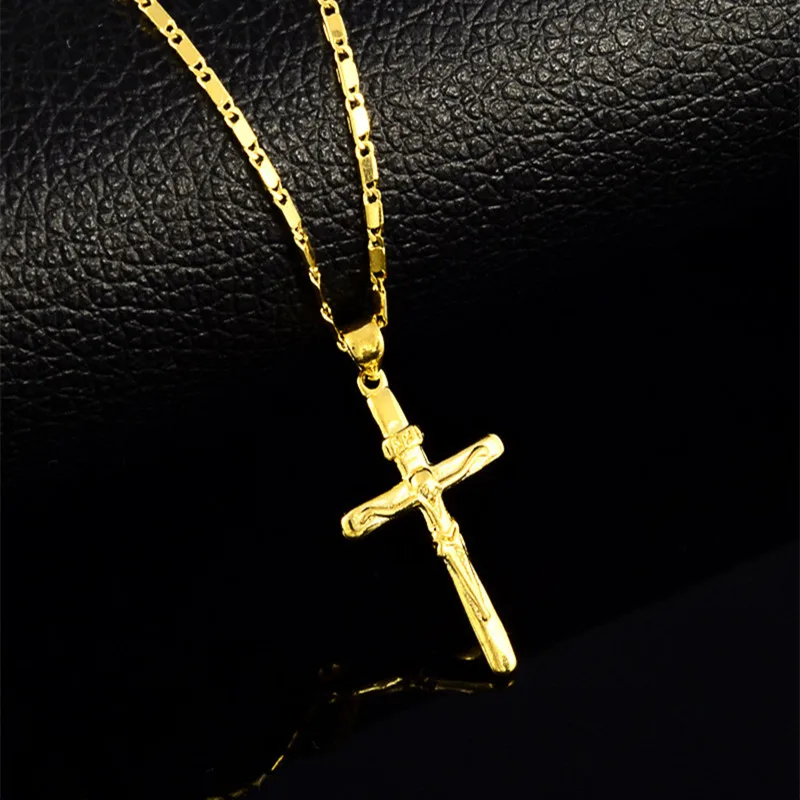 

High Quality Pure Gold Color Cross Charm Pendant Necklaces For Women Men 24K Yellow Gold Filled Necklaces Wedding Jewelry