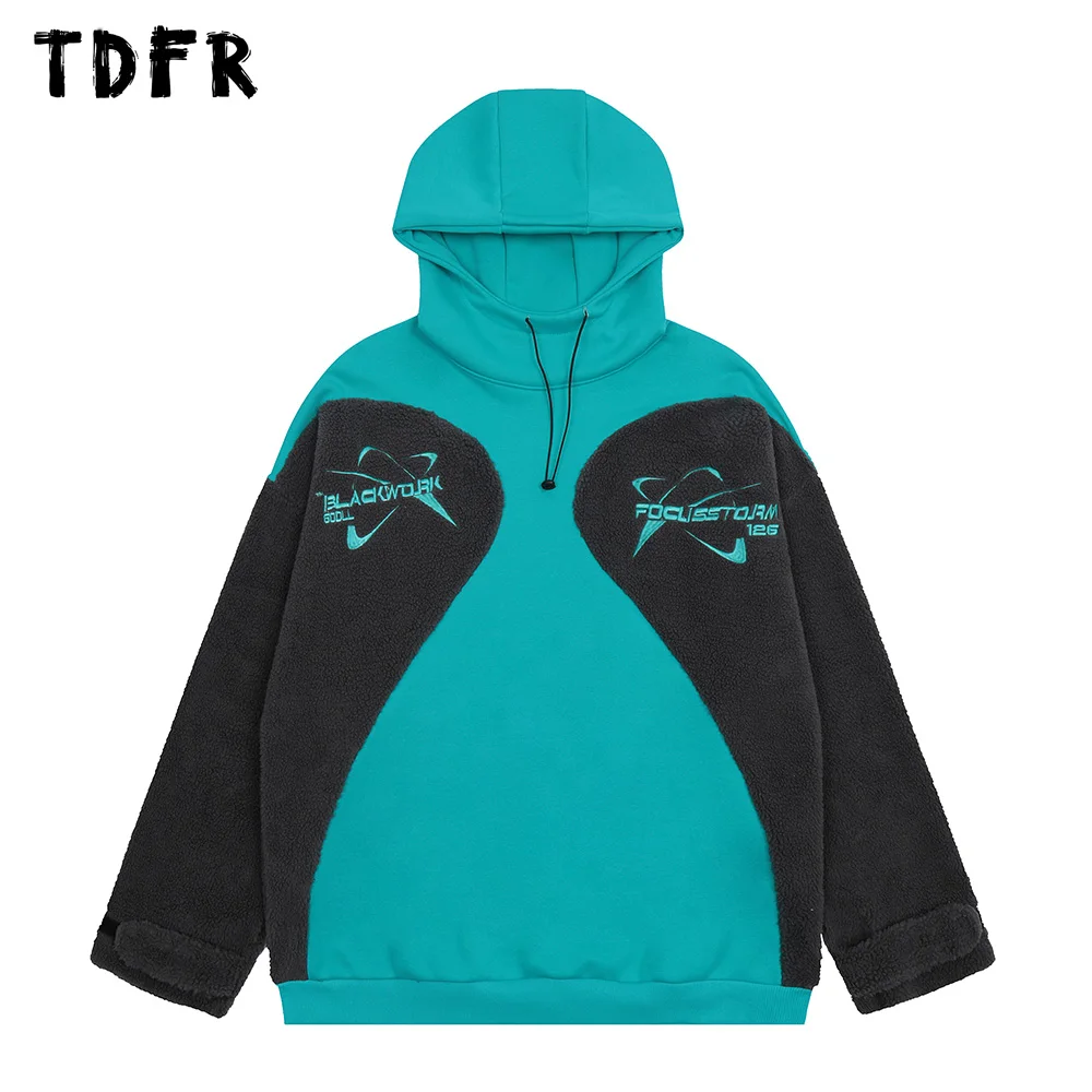 

Contrast Paneled Hooded Sweatshirts Mens Letter Embroidery Casual Streetwear Loose Long Sleeve Fleece Sweatshirts Men