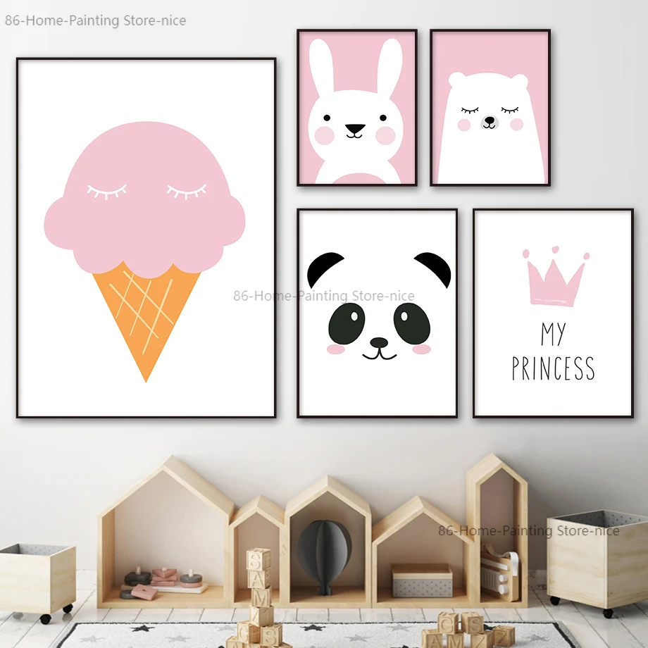 

Мультяшное настенное искусство розовый кролик панда кремовый конус Корона холст картины скандинавские плакаты и принты настенные картины ...