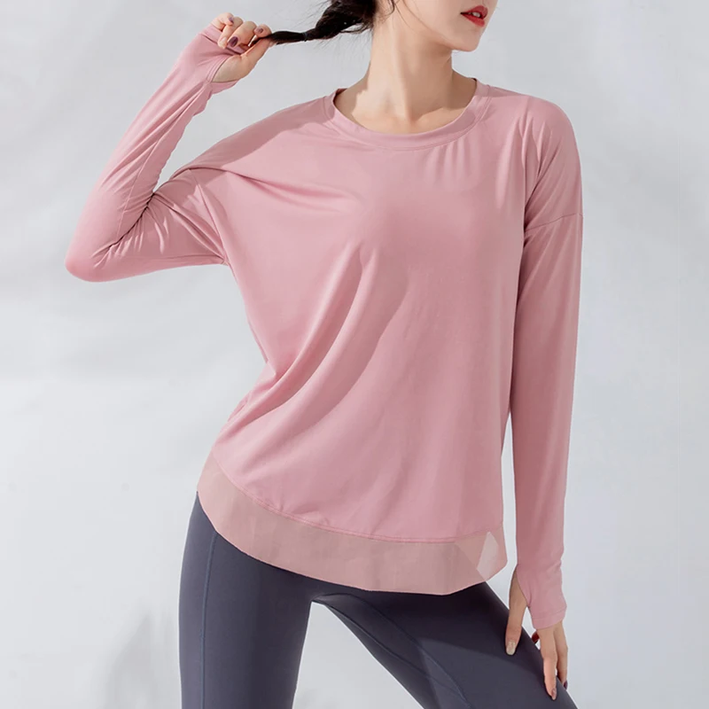 

ASHEYWR Workout Long Sleeve Tops Women Quick Dry Solid O-Neck Patchwork Mesh Tees Breathable Loose Fitness Top Casual Female
