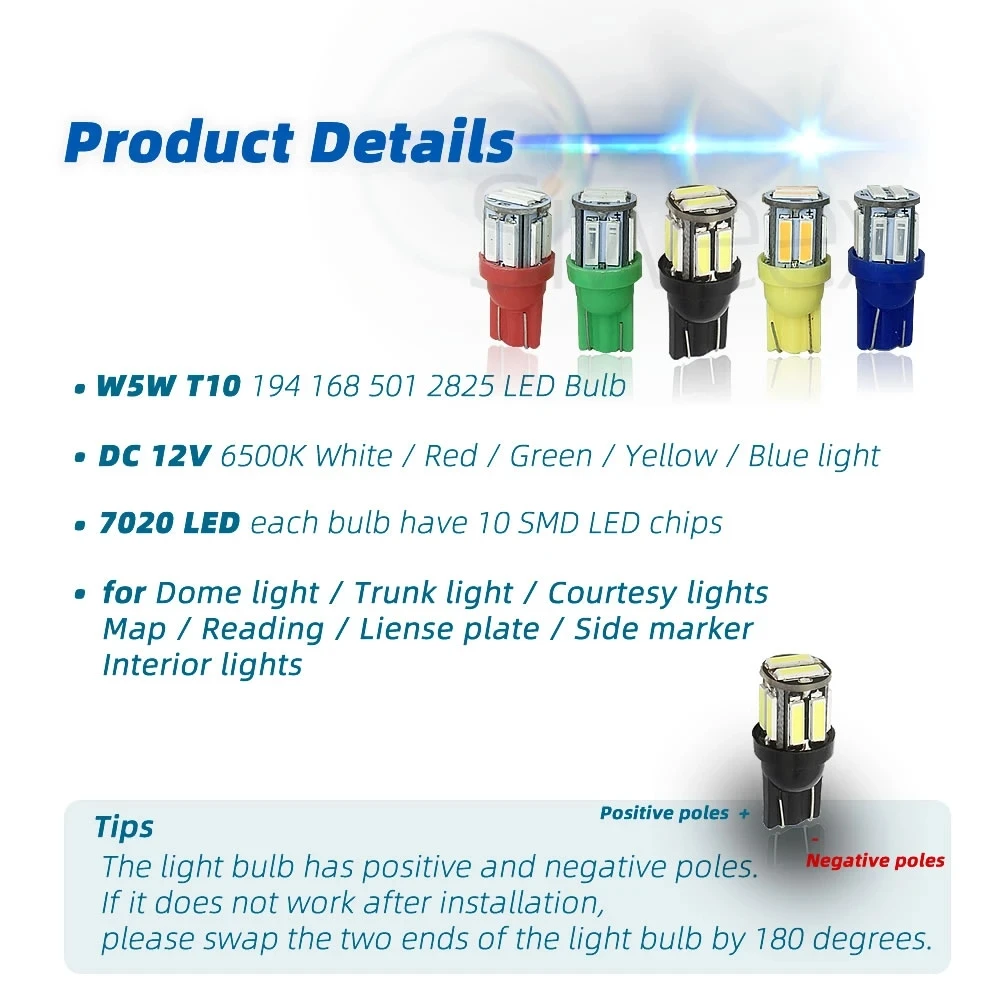 Фото Автомобильные светодиодные лампы W5W 10-7020 SMD, 4 шт./лот, запасные лампы T10, 194, 168 для панели инструментов белого и синего цвета, лампа для габарит... №2