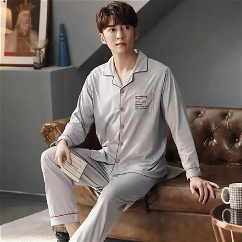 Pajamas Set Men 100% Cotton Spring Sleepwear Plus Size Full Sleeve Long Pants Striped Pyjamas Suits Male Homewear Lounge Wea