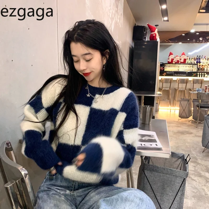

Повседневный женский свитер Ezgaga, пуловер, осень 2021, верхняя одежда, клетчатый джемпер с круглым вырезом, Свободный корейский шикарный женский трикотажный теплый элегантный