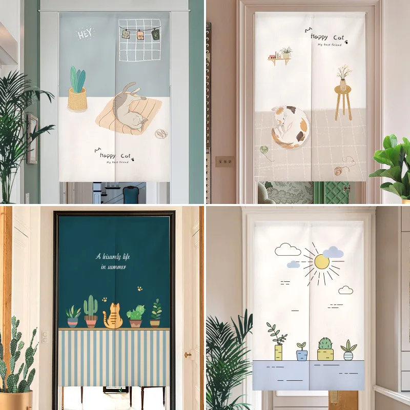 

Cute Cat Door Curtain Green Plants Fresh Creative Nordic Doorway Curtains Kitchen Partition Noren Entrance Decor Half-Curtain