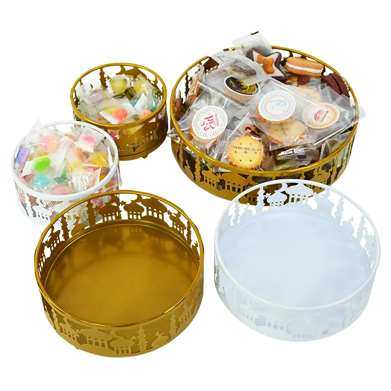 3pcs Eid Metal Storage Tray Ramadan Round White Gold Candy Snack Biscuit Muslim Islamic Party Decoration Supplies |