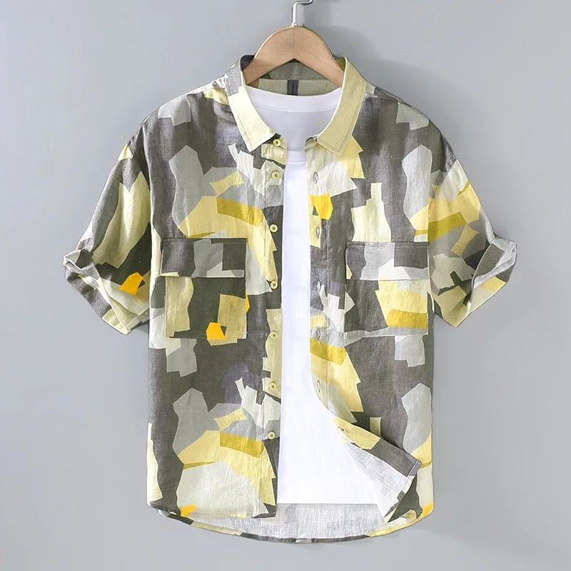

Summer New Men Short Sleeve Shirt Fashion Digital Printing Pure Linen Double-Pocket All-Match Holiday Lapel Male Clothing