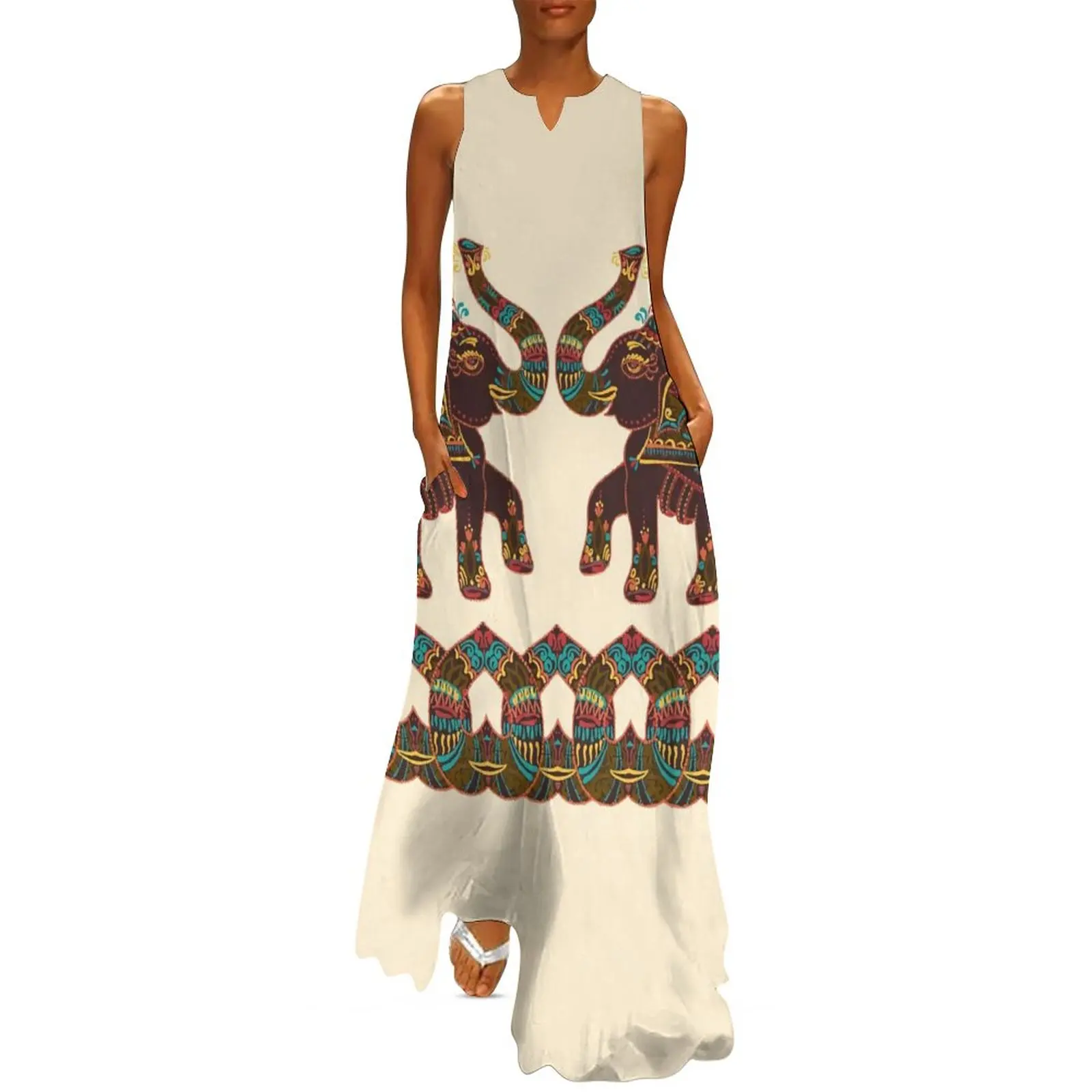 

Indian Elephant Art Dress Colorful Floral Print Party Maxi Dress Street Style Bohemia Long Dresses Lady Stylish Oversize Vestido