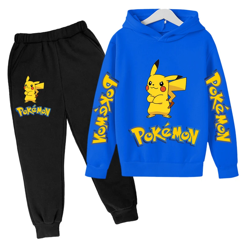 

2023 Autumn Children Boys Pikachu Clothing Cartoon Hoodie Tops + Pants 2PCS Suit Children's Kawaii Cute Girls Sets for Ages 4-14