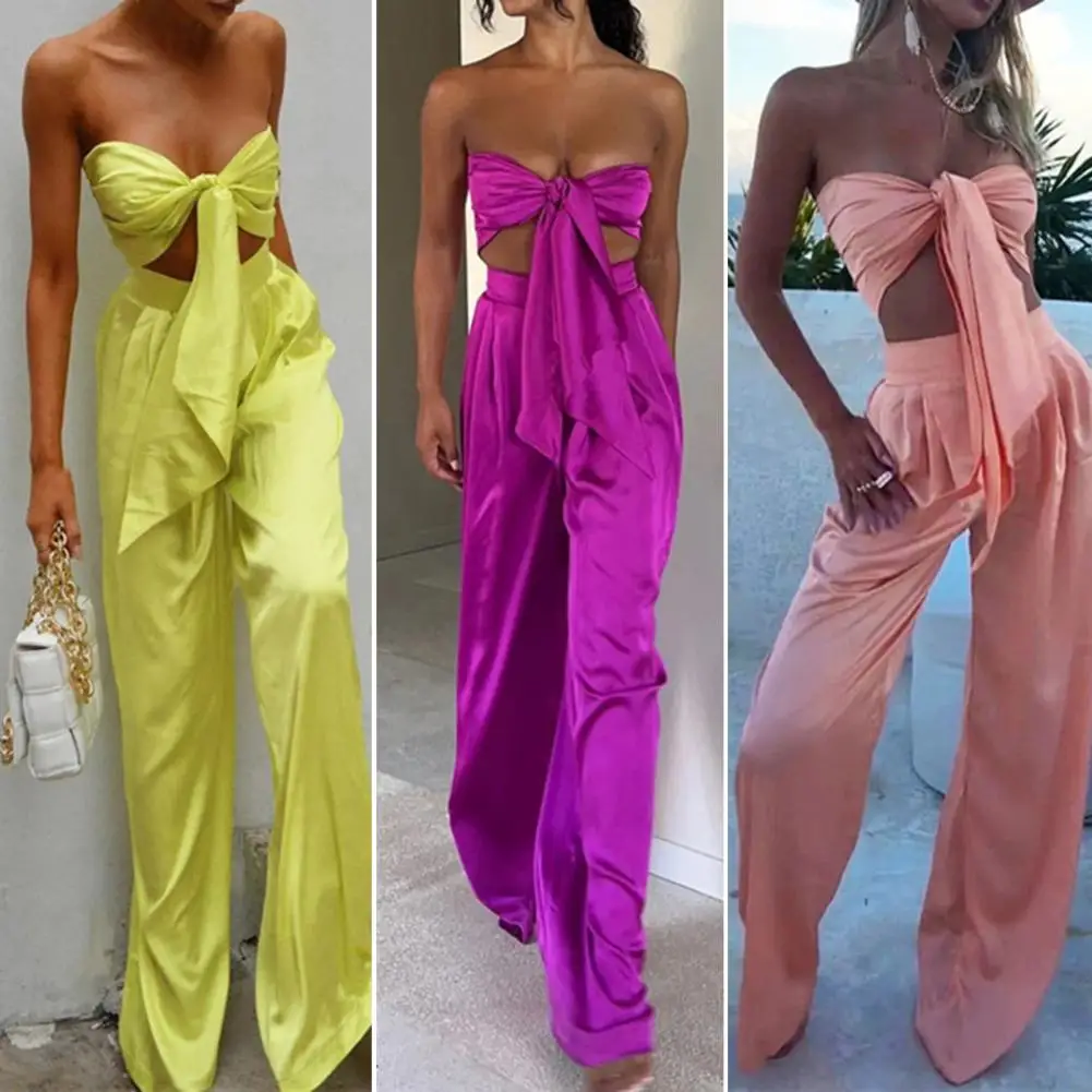 

2 Pcs/Set Women Tube Top Pants Set Solid Color Floor Length Off Shoulder Sleeveless High Waist Summer Vest Trousers Set Female C