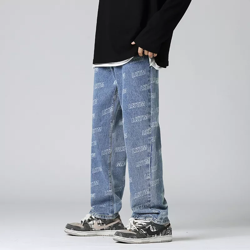 2022New Full Tide Brand High Street Jeans Mens Straight Tube Loose Versatile Personalized Student Pants Autumn and Winter Denim