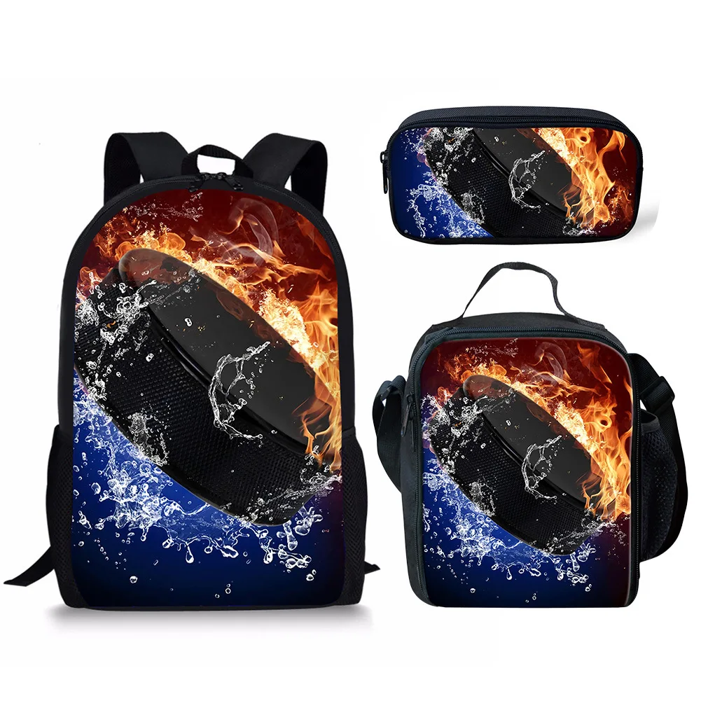 

Cartoon Ice fire Hockey ball 3pcs/Set Backpack 3D Print School Student Bookbag Anime Laptop Daypack Lunch Bag Pencil Case
