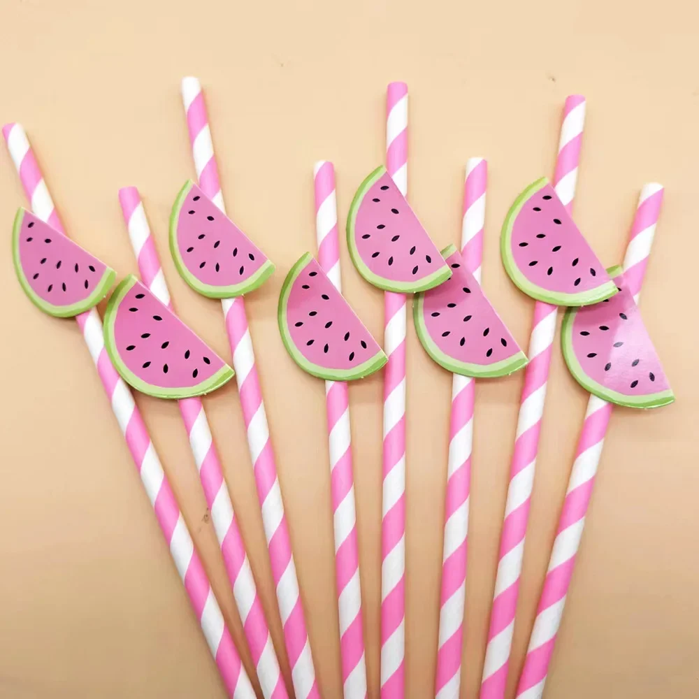 

10pcs Fruit Disposable Paper Straw Strawberry Watermelon Pineapple Straw Hawaiian Fruit Party Dessert Cake Cocktail Paper Straw