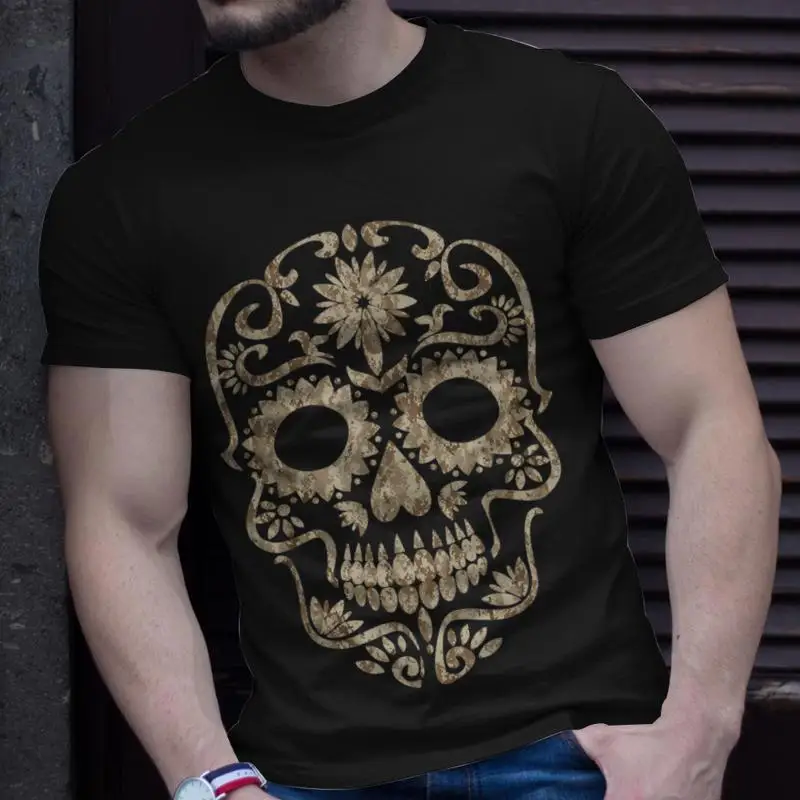 Фото Крутая камуфляжная футболка в пустыне Dia De Los Muertos с сахарным черепом, забавные костюмы, мужская одежда больших размеров большого размера №3