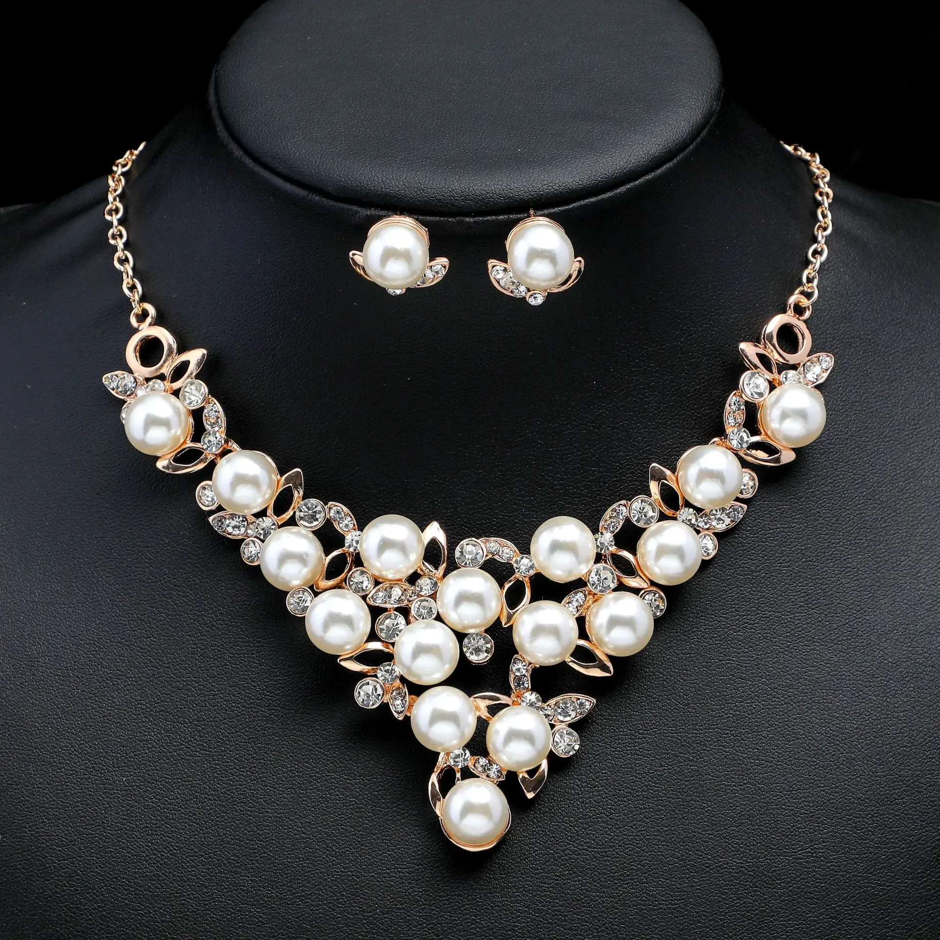 

Elegant Gold /Sliver Color Necklace Earrings Set Wedding Bridal Pearl Rhinestone Jewelry Lady Female jewellery set for women