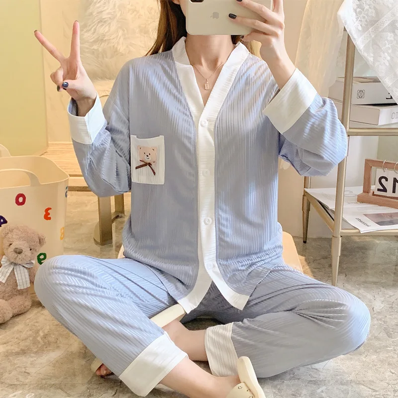 Pajamas Girl Cute Cartoon  Student  Spring/Autumn Fresh Long Sleeves Pit Bar Milk Silk Pocket Bear Home Set Pyjamas Sleepwear