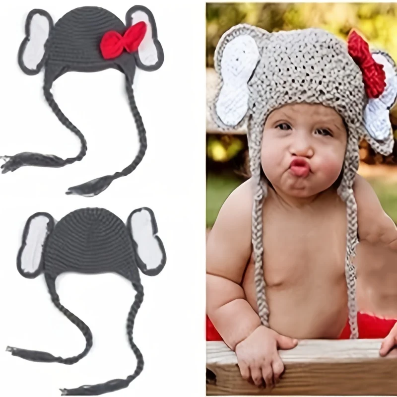 

Newborn Winter Hat Photography Props Accessories Baby Cartoon Knitted Handmade Cap With Braid Animal Infant Photo Prop