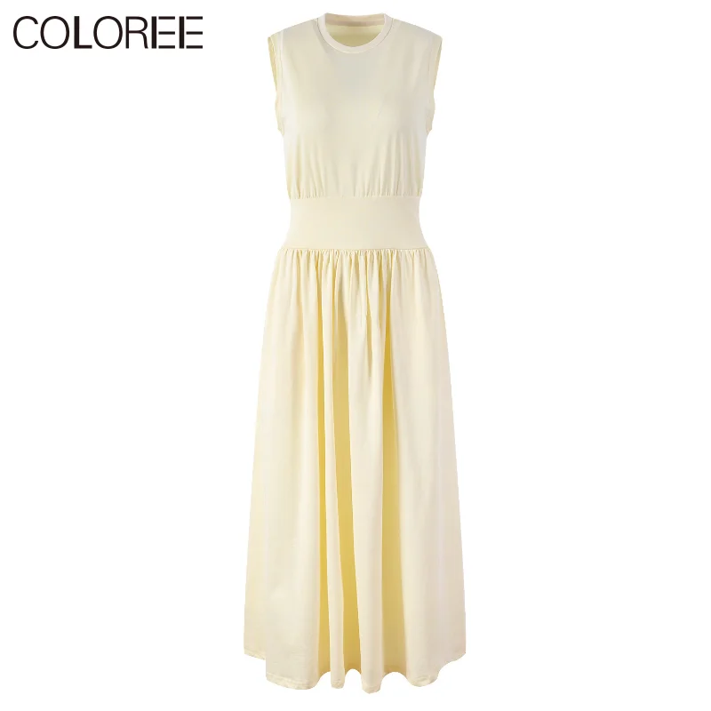 

Повседневные платья средней длины без рукавов с круглым вырезом, женское трикотажное платье бежевого и черного цвета, корейская мода 2023, ле...