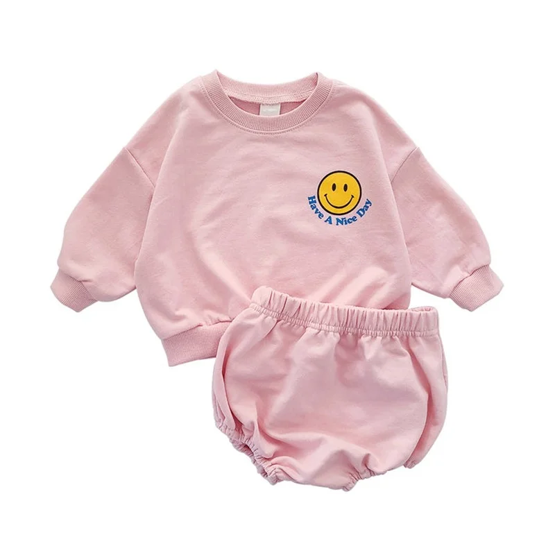 

Kawaii Baby Clothing Sets Cotton Smiley Face Print Tops Sweatershirt+PP Short Pants Toddler Kids Boy Sports Set 2pcs Suit Outfit