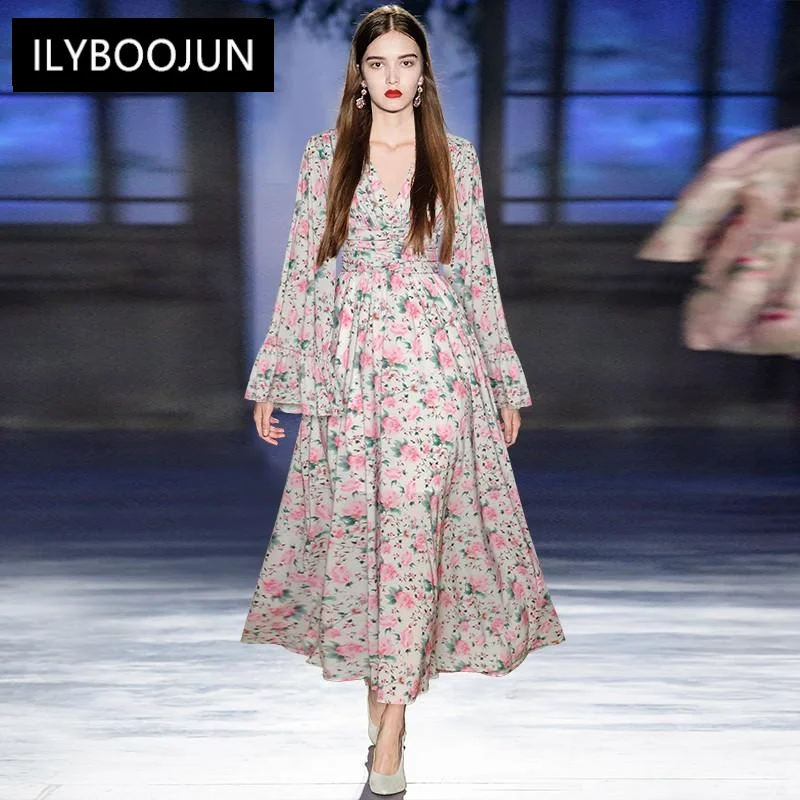 

Fashion Runway Autumn Vacation Dress Women's V-neck Flare Sleeve Floral Print Vintage Party Midi Dress
