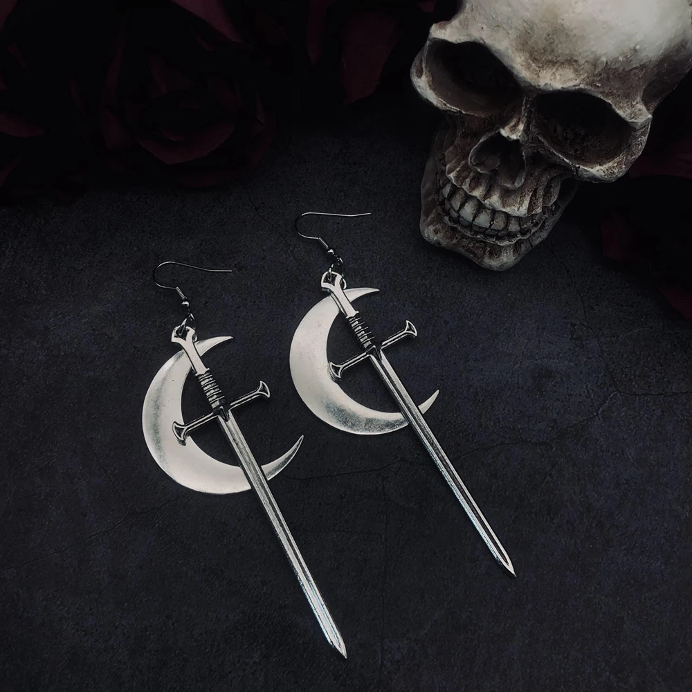 

Swords Moon Earrings Witchy Warrior Pagan Viking Alternative Gothic Medieval Silver Color Classic Warrior Gift Women New