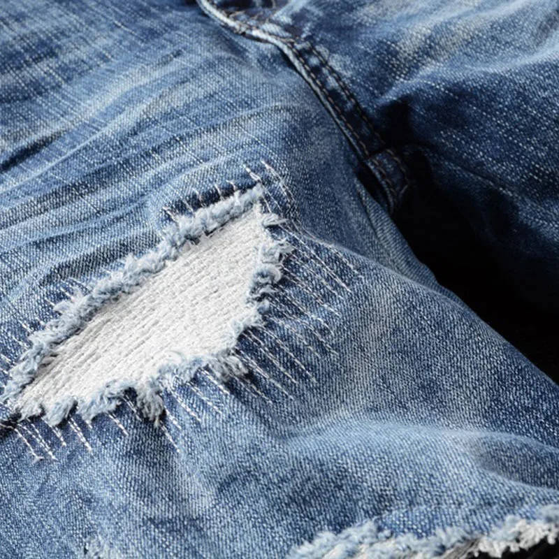 Men's PU Leather Patchwork Ripped Biker Jeans Patch Slim Skinny Stretch Denim Pants for Men