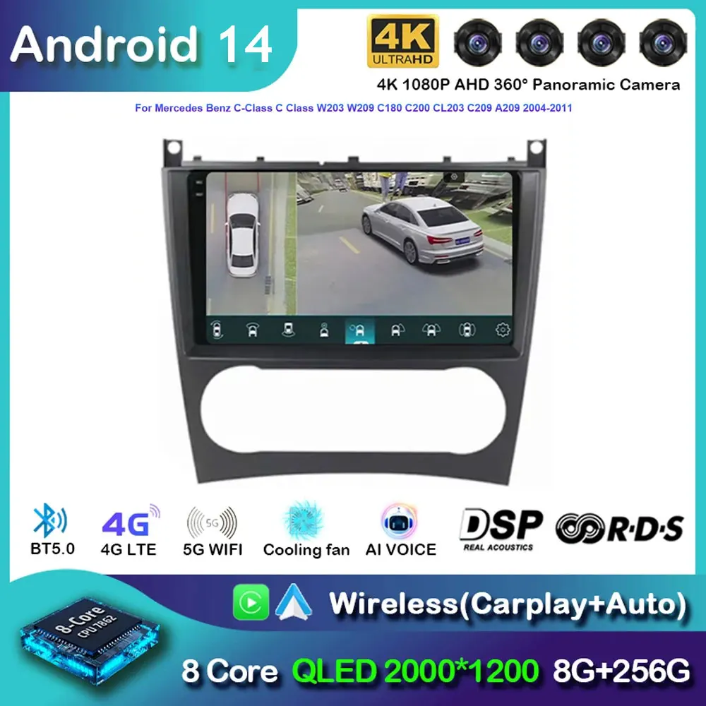 Автомобильный радиоприемник Carplay Android 14 для Benz W203 W209 C180 C200 C220 C230 2004-2011 навигация GPS
