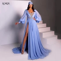 lorie sky blue formal evening dresses crystal beadings dubai side slit celebrity gowns a line boho pleat prom fashion dress 2022