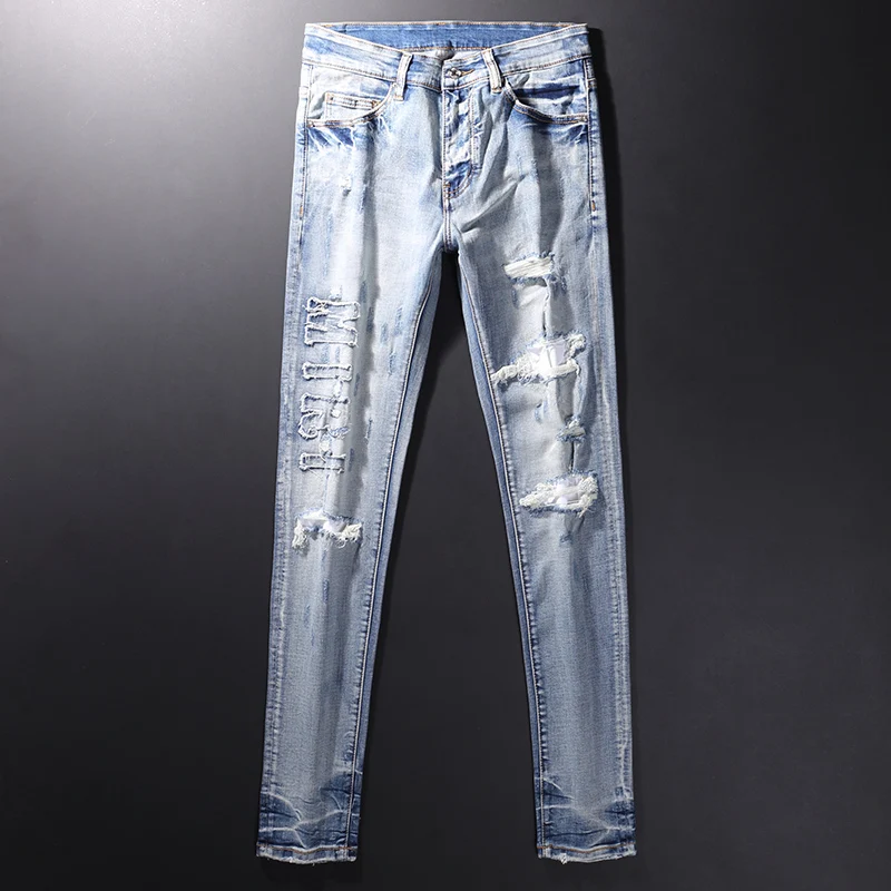 Streetwear Fashion Men Jeans Light Blue Elastic Destroyed Ripped Jeans Men Embroidery Patches Designer Brand Hip Hop Denim Pants