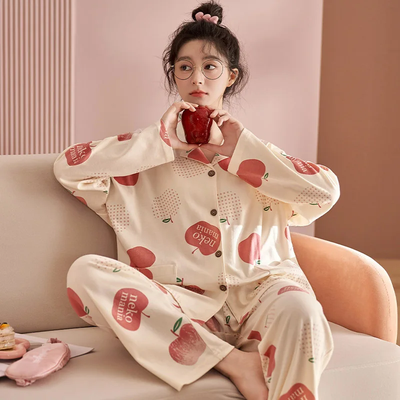 Yasuk Spring Autuum Fashion Women's Casual Print Pocket Sleepwear Homewear Cute Lovely Pajamas With Pants Soft Cotton Peach