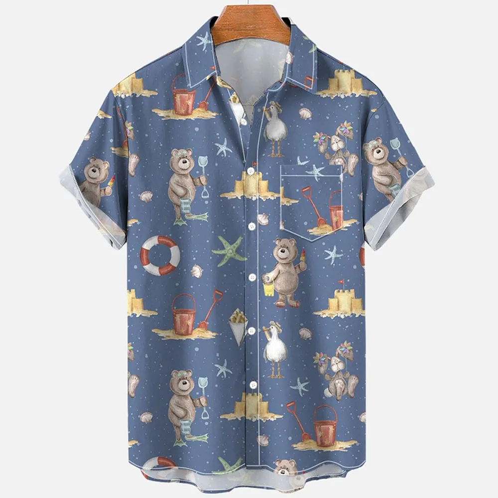 Мужская винтажная рубашка с коротким рукавом 3D-принтом медведя |