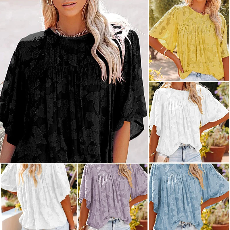 

Новые женские шифоновые топы, свободная футболка с коротким рукавом и цветочным принтом, Повседневная Блузка с круглым вырезом для лета, од...