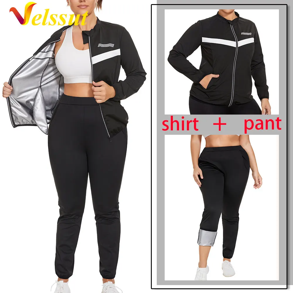 Velssut Sauna Suit for Women Weight Loss Set Long Sleeve Sweat Jacket Slimming Leggings Fat Burner Body Shaper Fitness Sportwear
