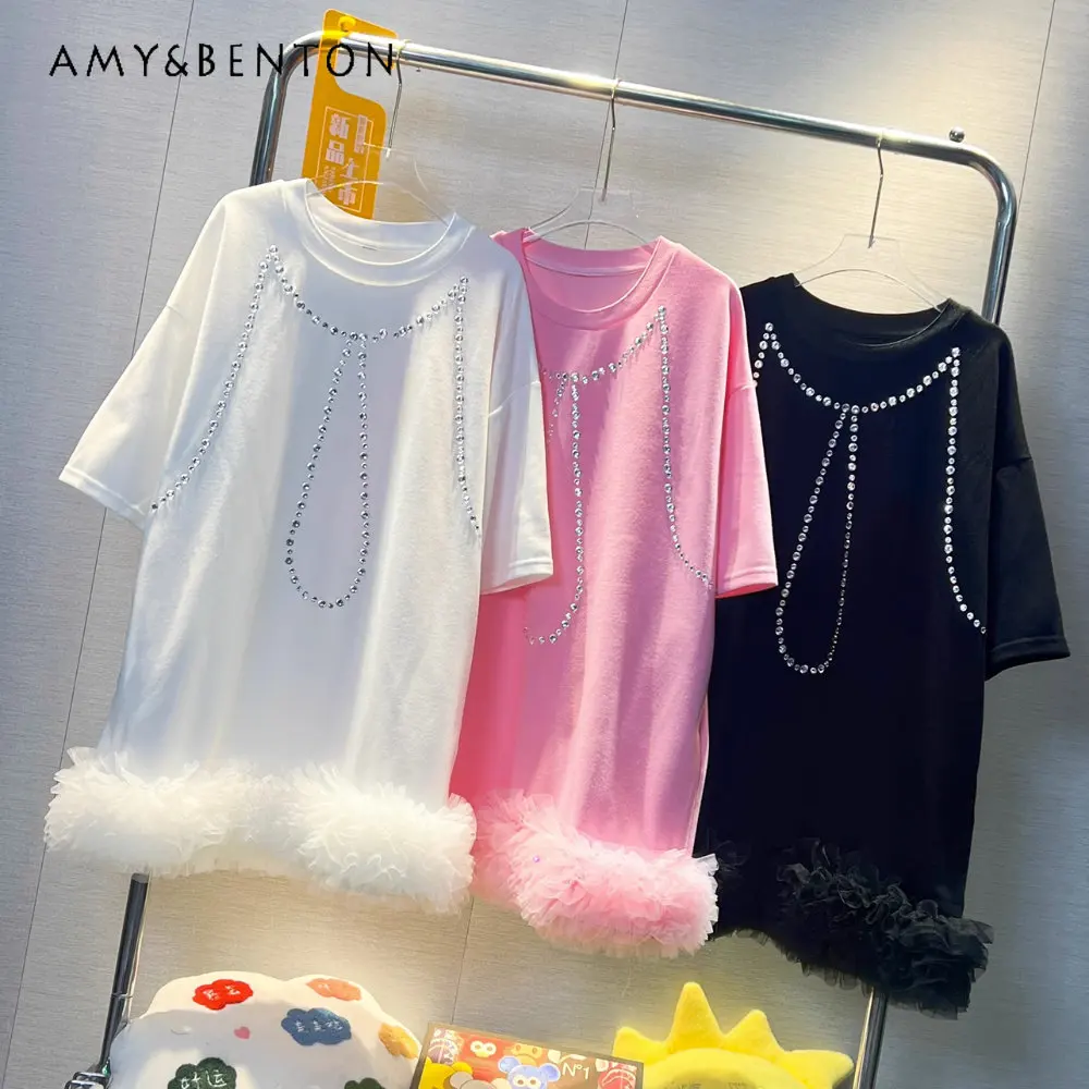 

2023 Spring Summer New Tees Women's Design Sense Mesh Lace Heavy Industry Rhinestone Western Style Slimming Mid-Length T-shirt