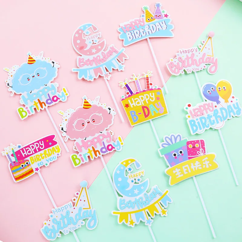 Happy Birthday Cake Topper Flag Moon Clouds Cupcake Toppers Star With Hat Wedding Kids Party Baby Shower DIY Baking Decoracion