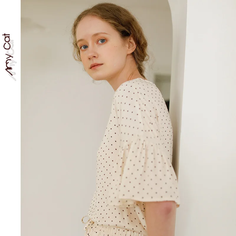 Women's Pajamas Cotton Round Neck Lotus Leaf Short Sleeve Pullover Top Casual Shorts Sleepwear Women Two Piece Set Summer Pjs