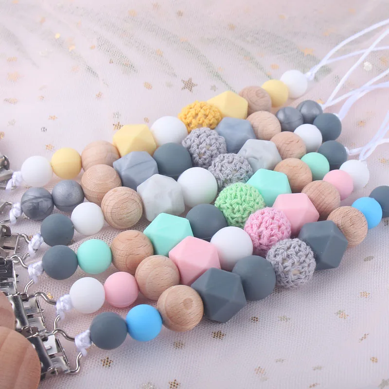 

Baby Pacifier Clips Silicone Beads Wooden Teething Chain Infant Nipple Clamp Dummy Holder Nipple Clip Newborn Chew Accessories