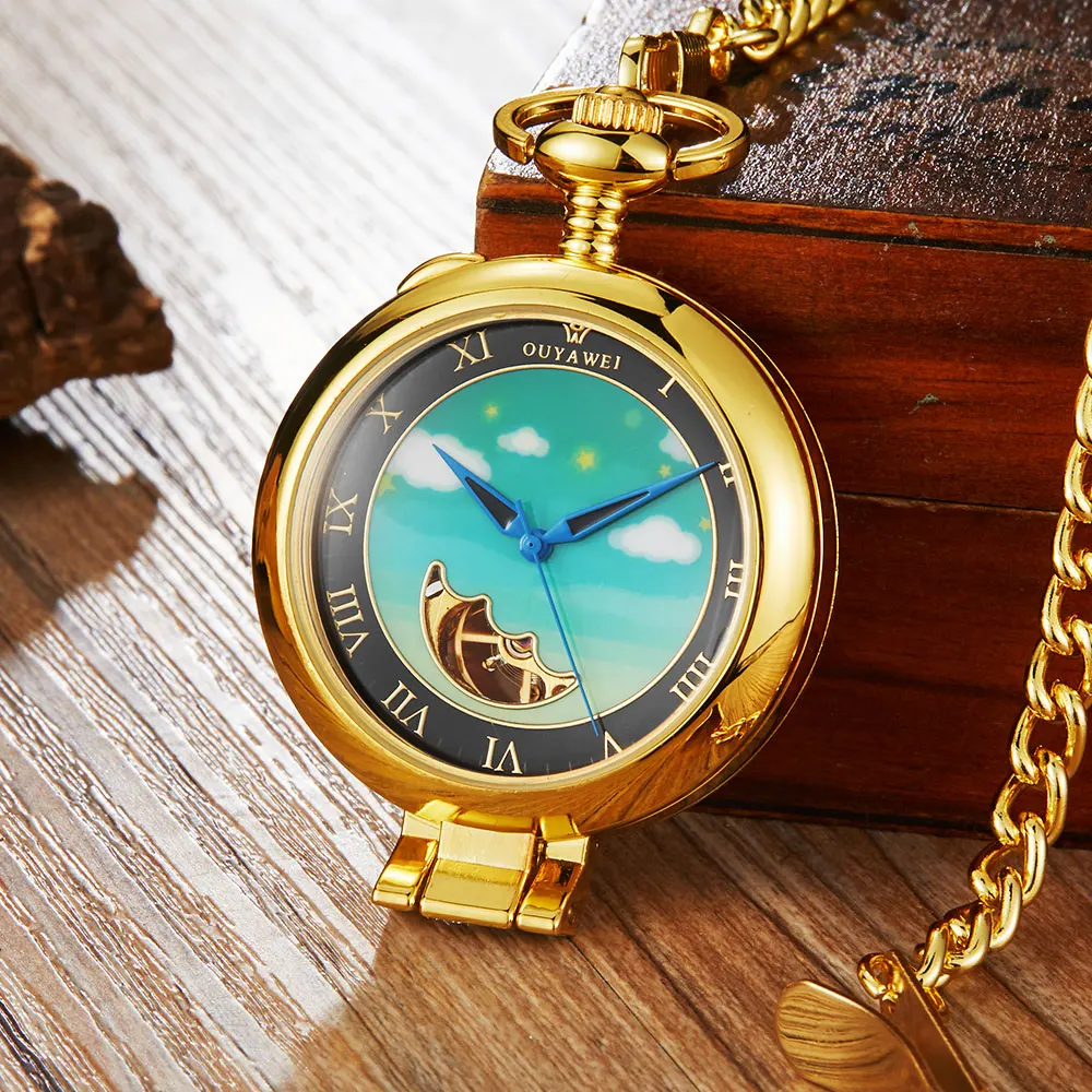 Luxury Golden Retro Mechanical Pocket Watch Men Women Pendant With FOB Chain Hollow Moon Steampunk Hand-wind Pocket Watches