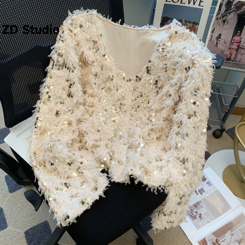 

Женский короткий кардиган с блестками [ZD Studio], черный короткий зимний Кардиган знаменитости с французскими блестками, 2023