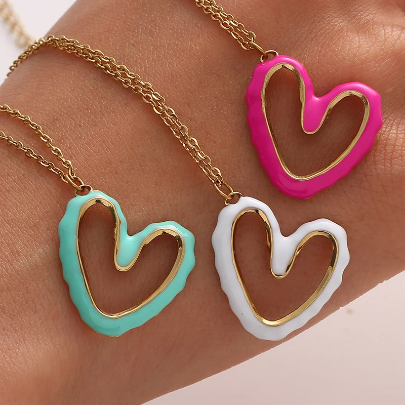 

Bohemia Dripping Oil Colorful Heart Stainless Steel Pendants Statement Necklace For Women Fashion Jewelry