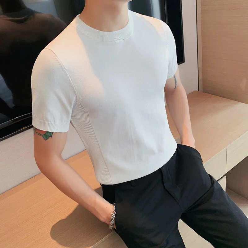

Mens Short Sleeve Knitted Sweater 2022 Summer New Fashion Solid Color Casual Round Neck Slim Fit T-shirt Brand Men's Clothing