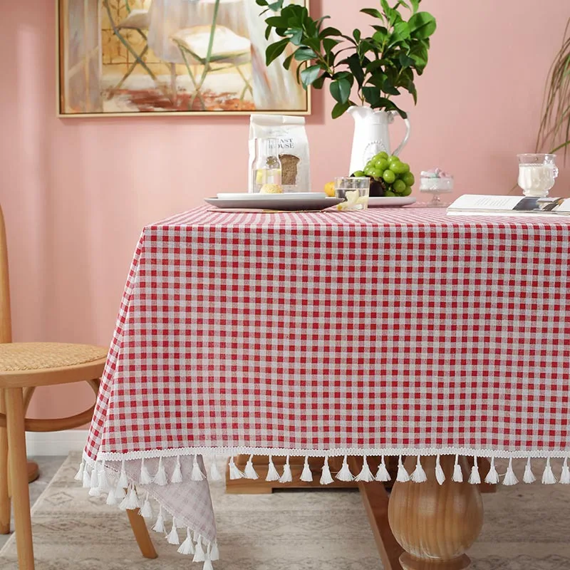 

Red and white Plaid Tablecloth for Table Linen Picnic Tablecloth Rectangular with Tassels mesas de centro para sala cover table